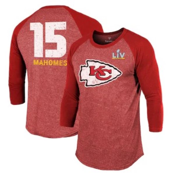 NFL Chiefs Patrick Mahomes Fanatics Branded Red Super Bowl LV Bound Name & Number Raglan 3_4-Sleeve Men T-Shirt