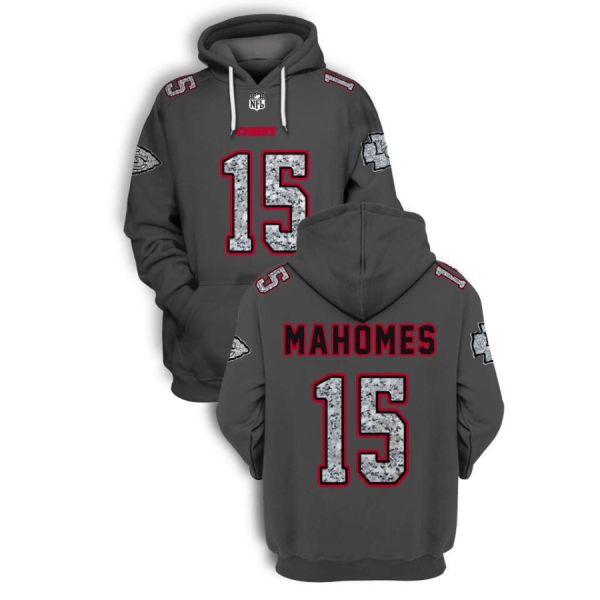 NFL Chiefs 15 Patrick Mahomes Grey 2021 Stitched New Hoodie