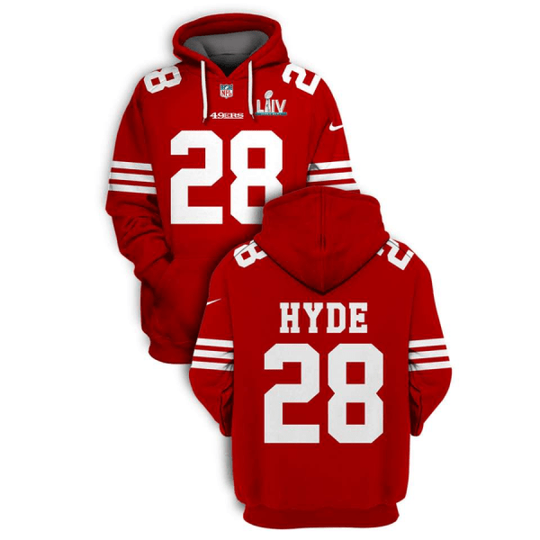 NFL 49ers 28 Carlos Hyde Red Super Bowl LIV 2021 Stitched New Hoodie