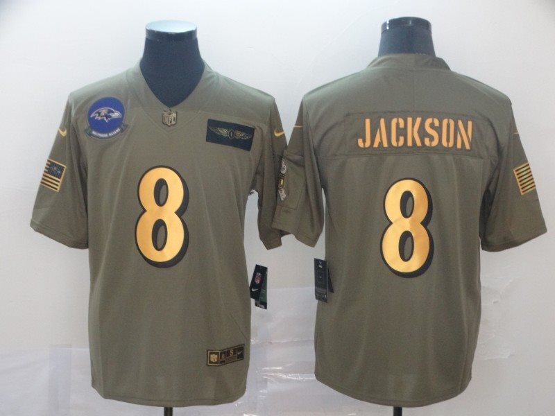 Nike Ravens 8 Lamar Jackson 2019 Gold Salute To Service Limited Men Jersey