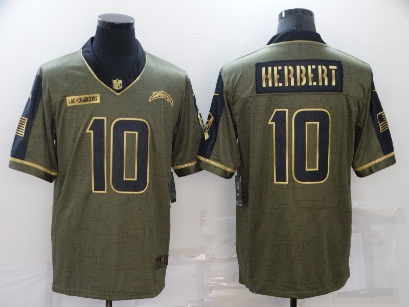 Nike Chargers 10 Justin Herbert 2021 Olive Gold Salute To Service Limited Men Jersey