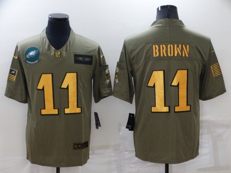 Nike Eagles 11 A. J. Brown Olive Gold Salute to Service Limited Men Jersey