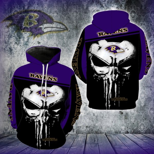 NFL Baltimore Ravens Skull 3D Pullover Hoodies