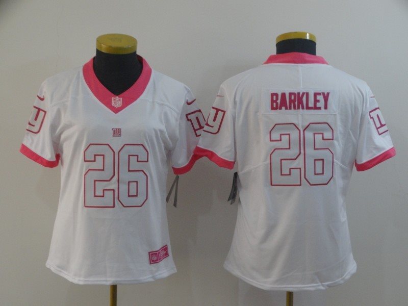 Nike Giants 26 Saquon Barkley White Pink Rush Fashion Limited Women Jersey