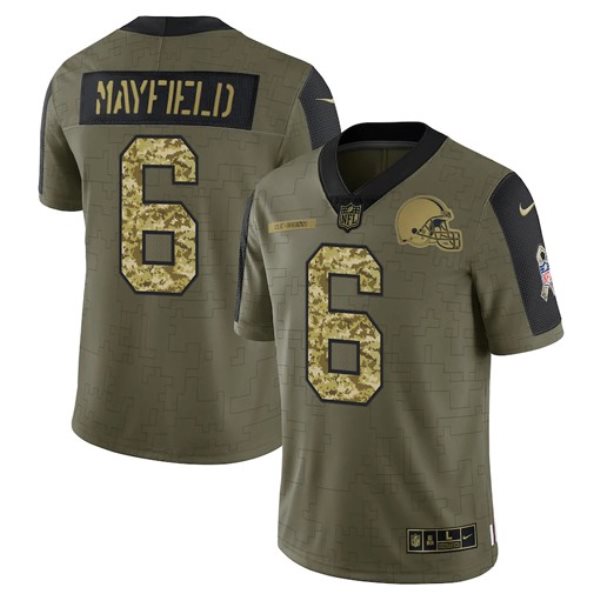 Nike Browns 6 Baker Mayfield 2021 Olive Camo Salute To Service Limited Men Jersey