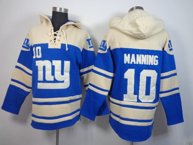 New York Giants No.10 Eli Manning Blue Sawyer Hooded Sweatshirt Men's Football Jersey