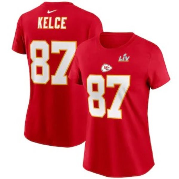NFL Chiefs Travis Kelce Nike Red Super Bowl LV Bound Name & Number Women T-Shirt