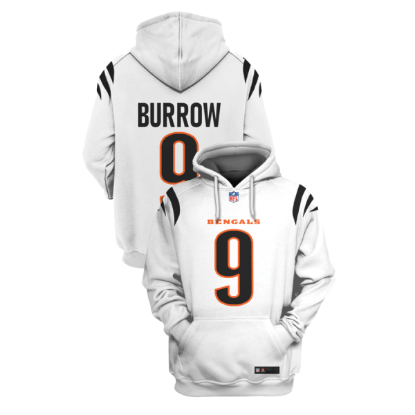 NFL Bengals 9 Joe Burrow White 2021 Stitched New Hoodie