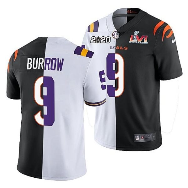 Nike Bengals x LSU Tigers 9 Joe Burrow White Black 2022 Super Bowl LVI Split Limited Men Jersey