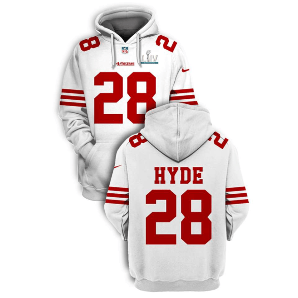 NFL 49ers 28 Carlos Hyde White Super Bowl LIV 2021 Stitched New Hoodie