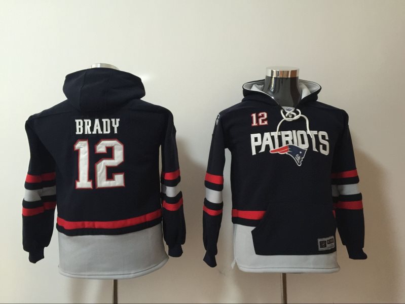 Nike New England Patriots 12 Tom Brady Navy All Stitched Hooded Youth Sweatshirt