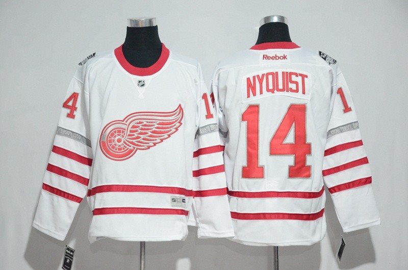 NHL Red Wings 14 Gustav Nyquist White 100th Anniversary Reebok Men Jersey