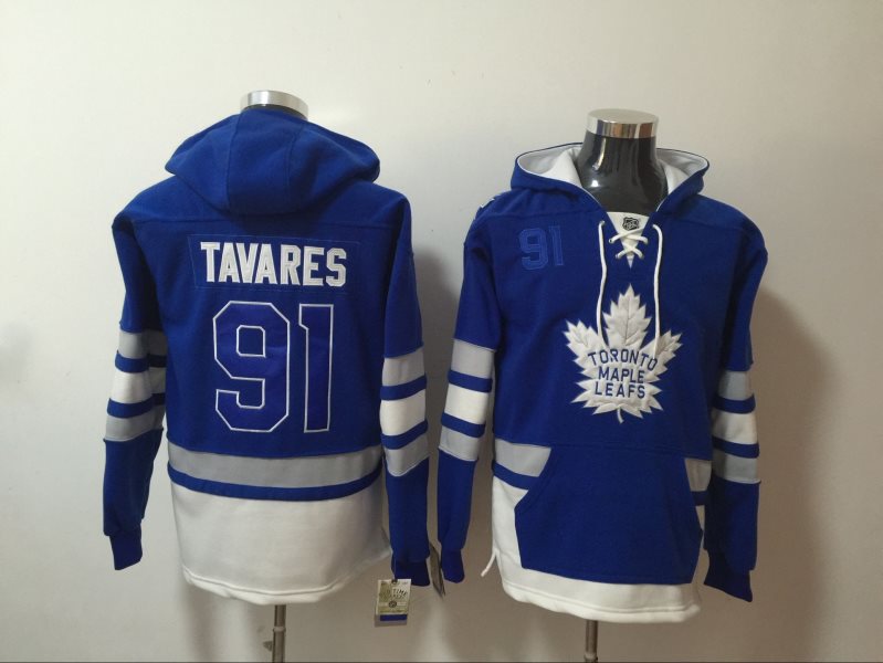 NHL Maple Leafs 91 John Tavares Blue All Stitched Hooded Men Sweatshirt