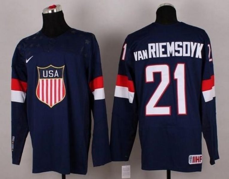 2014 Olympic Team USA No.21 James van Riemsdyk Navy Blue Hockey Jersey