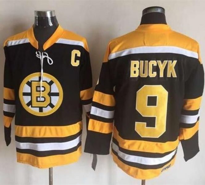 NHL Bruins 9 Johnny Bucyk Black Yellow CCM Throwback New C Patch Men Jersey