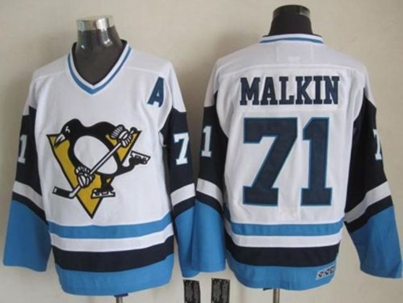 NHL Penguins 71 Evgeni Malkin White-Blue CCM Throwback Men Jersey