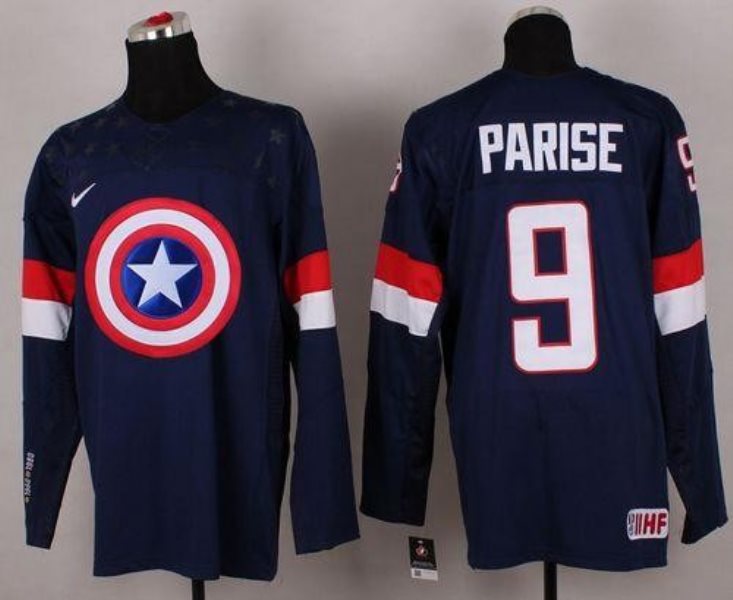 Olympic Team USA 9 Zach Parise Navy Blue Captain America Fashion Stitched NHL Jersey
