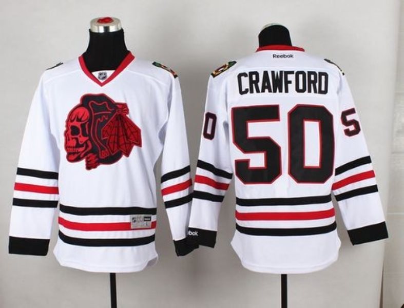 NHL Blackhawks 50 Corey Crawford White(Red Skull) Men Jersey