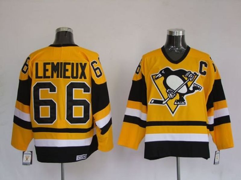 NHL Penguins 66 Mario Lemieux Yellow MitchellandNess Men Jersey