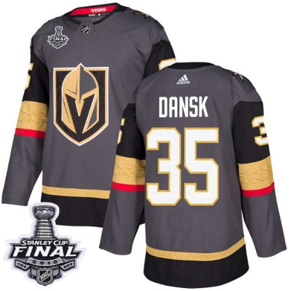 NHL Vegas Golden Knights 35 Oscar Dansk Adidas Gray 2018 Stanley Cup Final Patch Men Jersey