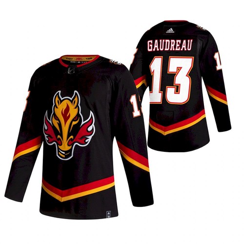 Men's Calgary Flames Black #13 Johnny Gaudreau 2020-21 NHL Reverse Retro Stitched Jersey