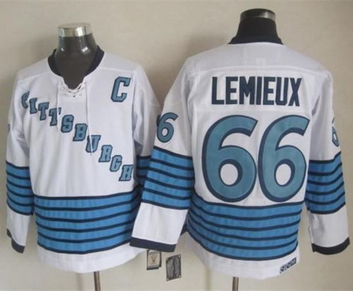 NHL Penguins 66 Mario Lemieux White-Light Blue CCM Throwback Men Jersey