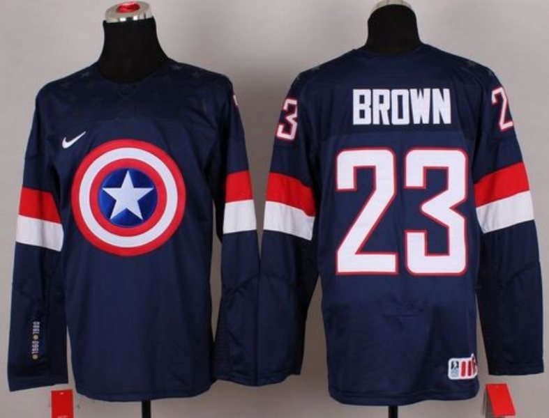 Olympic Team USA 23 Dustin Brown Navy Blue Captain America Fashion Stitched NHL Jersey