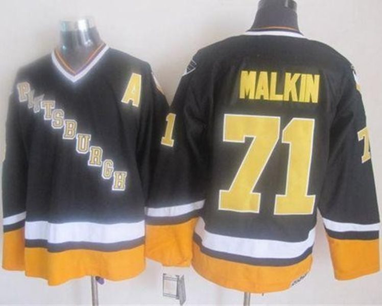 NHL Penguins 71 Evgeni Malkin Black Yellow CCM Throwback Men Jersey