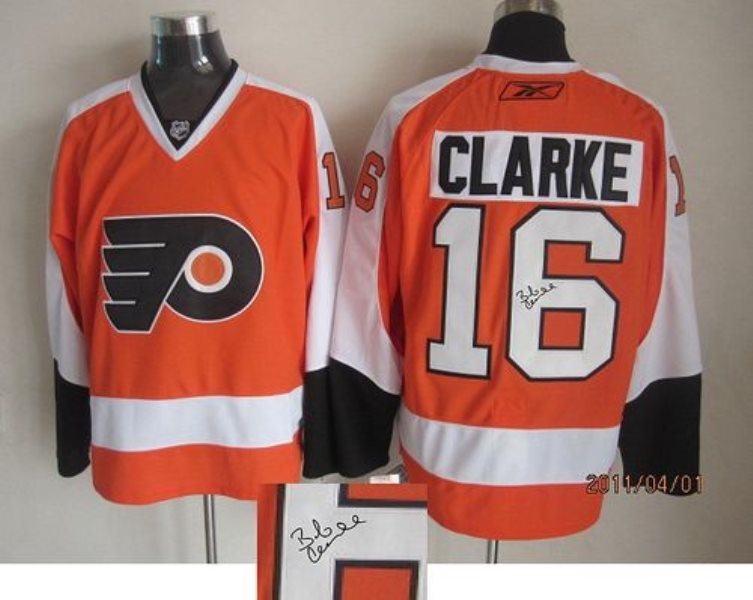 NHL Flyers 16 Bobby Clarke Orange Autographed Men Jersey