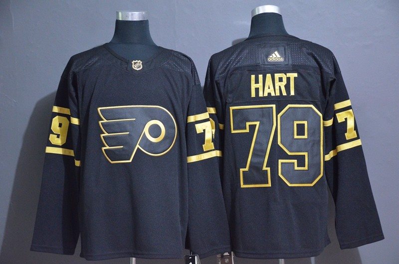 NHL Flyers 79 Carter Hart Black Gold Adidas Men Jersey