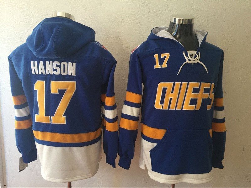 Movie Hanson Brothers Charlestown Chiefs 17 Jack Hanson Blue Hockey Sweatshirt