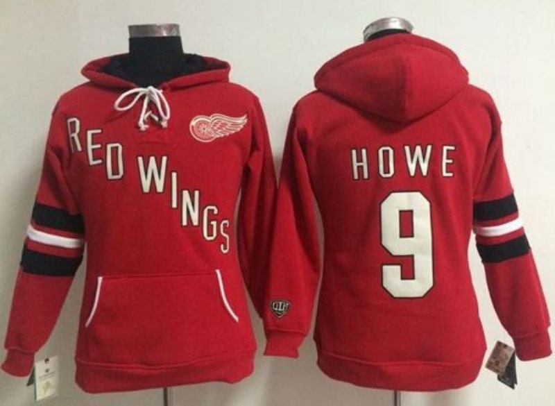 NHL Red Wings 9 Gordie Howe Red Old Time Heidi Women Hoodie