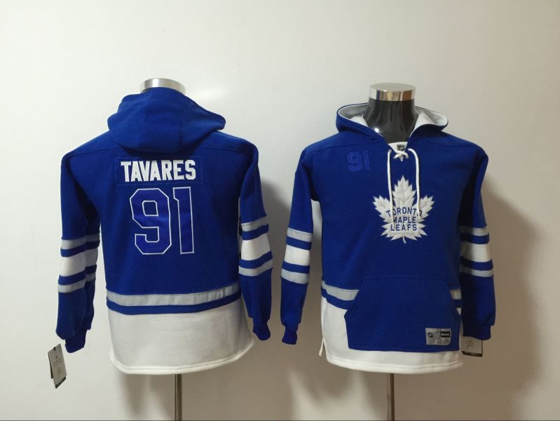 NHL Leafs 91 John Tavares Blue All Stitched Hooded Youth Sweatshirt