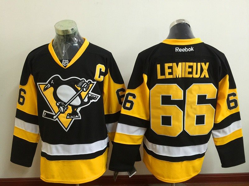 NHL Penguins 66 Mario Lemieux Black Reebok C Patch Men Jersey