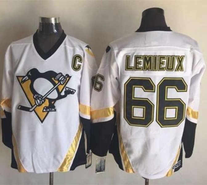 NHL Penguins 66 Mario Lemieux White C Patch CCM Throwback Men Jersey