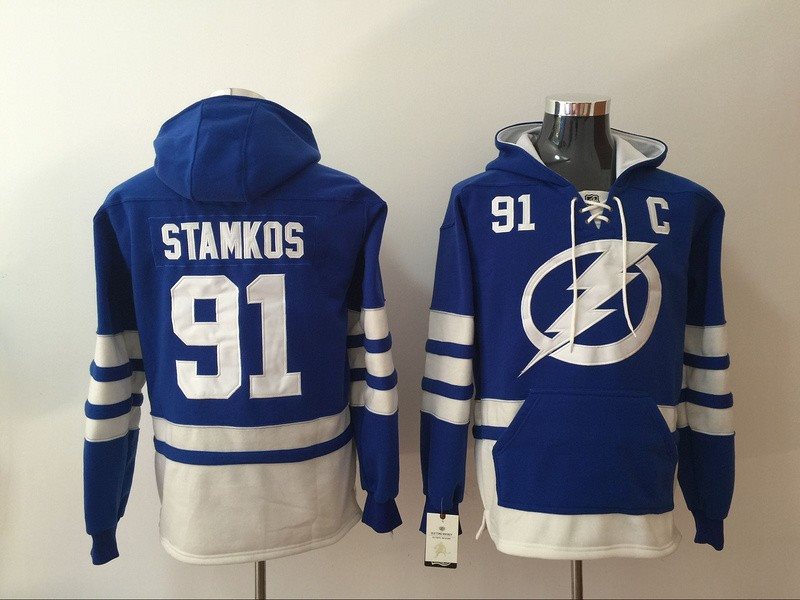 NHL Lightning 91 Steven Stamkos Blue All Stitched Hooded Men Sweatshirt