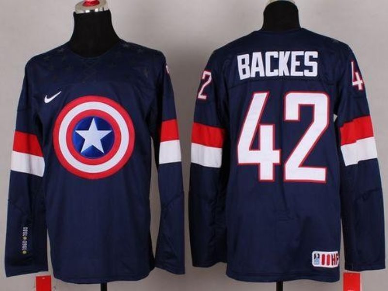 Olympic Team USA 42 David Backes Navy Blue Captain America Fashion Stitched NHL Jersey