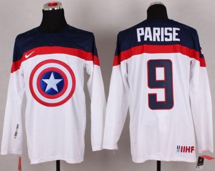 Olympic Team USA 9 Zach Parise White Captain America Fashion Stitched NHL Jersey