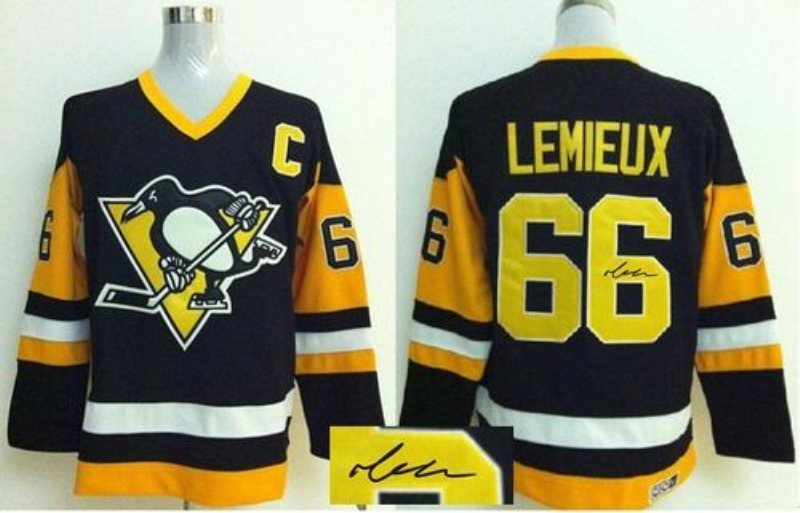 NHL Penguins 66 Mario Lemieux Black CCM Throwback Autographed Men Jersey