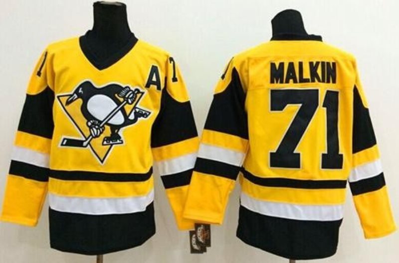 NHL Penguins 71 Evgeni Malkin Yellow Throwback Men Jersey