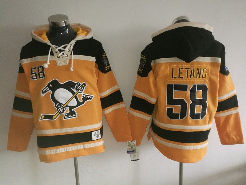 NHL Penguins 58 Kris Letang Orange All Hooded Men Sweatshirt