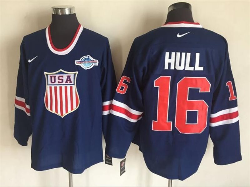 Team USA #16 Brett Hull Navy Blue 2014 Winter Olympics Nike Throwback Stitched Jersey