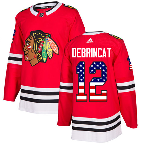 Adidas Blackhawks #12 Alex DeBrincat Red Home Authentic USA Flag Stitched NHL Jersey