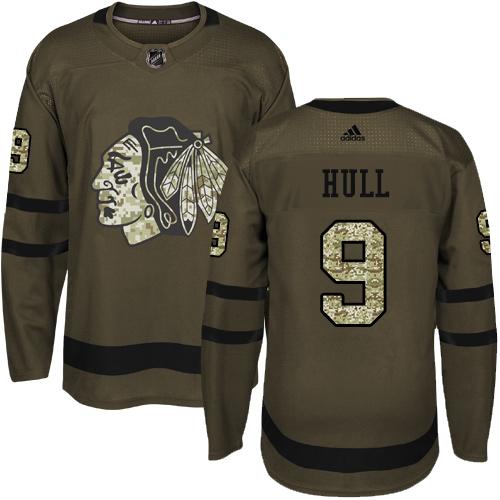Adidas Blackhawks #9 Bobby Hull Green Salute to Service Stitched NHL Jersey
