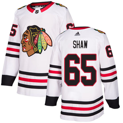 Adidas Blackhawks #65 Andrew Shaw White Road Authentic Stitched NHL Jersey