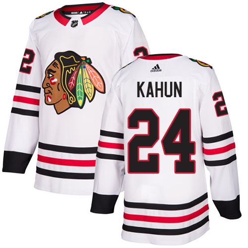 Adidas Blackhawks #24 Dominik Kahun White Road Authentic Stitched NHL Jersey