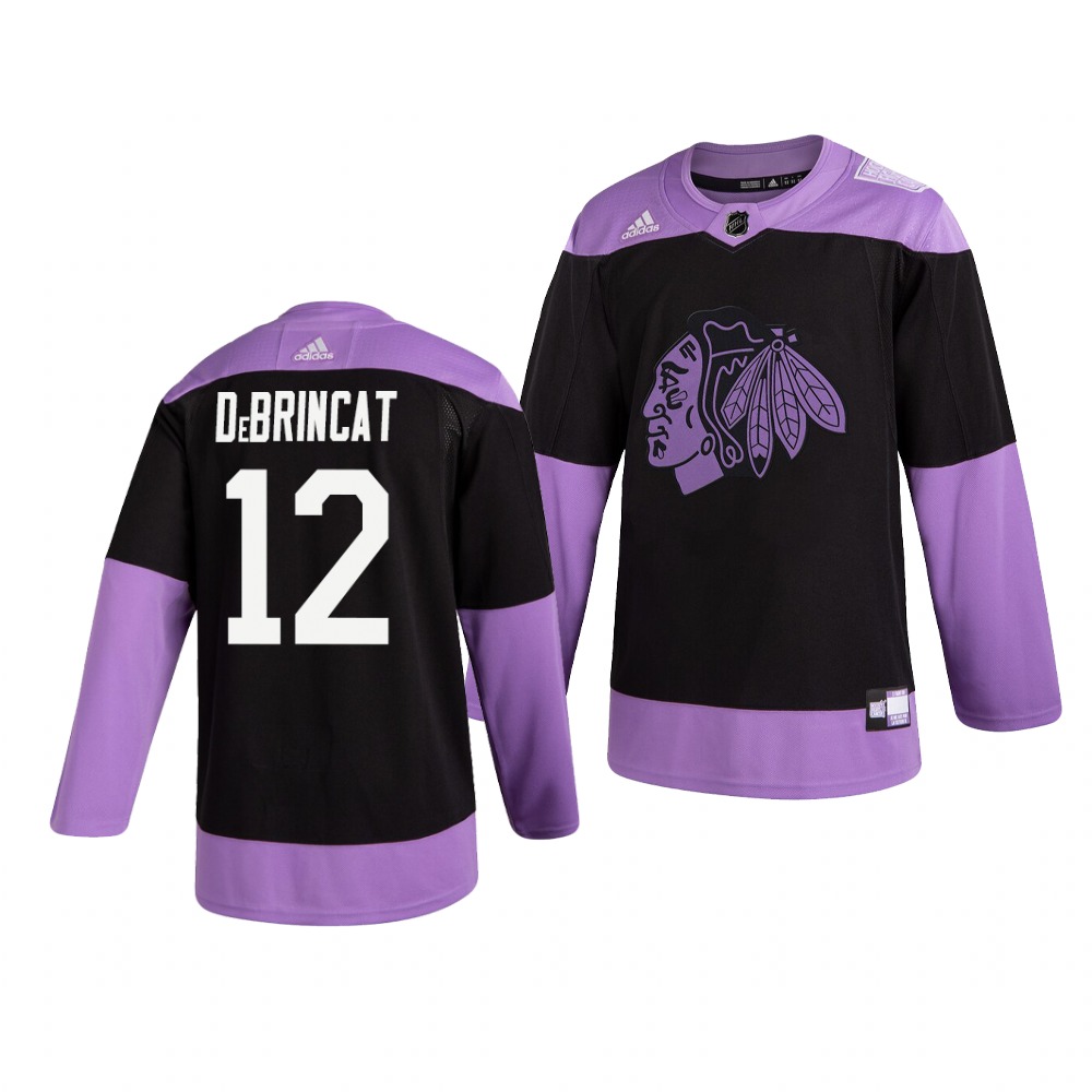 Chicago Blackhawks #12 Alex Debrincat Adidas Men's Hockey Fights Cancer Practice NHL Jersey Black