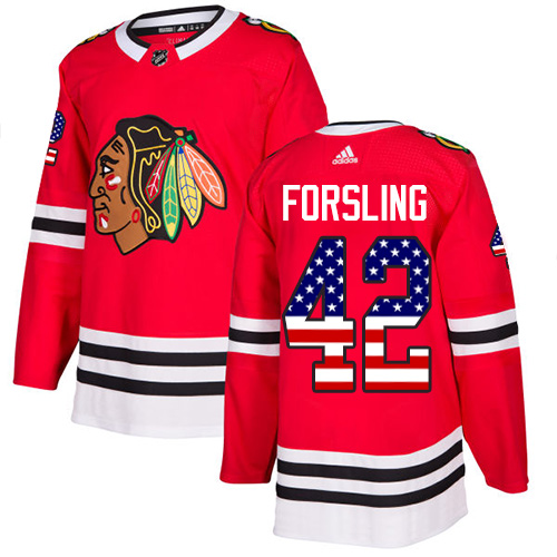 Adidas Blackhawks #42 Gustav Forsling Red Home Authentic USA Flag Stitched NHL Jersey