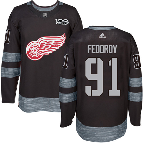 Adidas Red Wings #91 Sergei Fedorov Black 1917-2017 100th Anniversary Stitched NHL Jersey