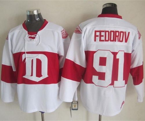 Red Wings #91 Sergei Fedorov White Winter Classic CCM Throwback Stitched NHL Jersey
